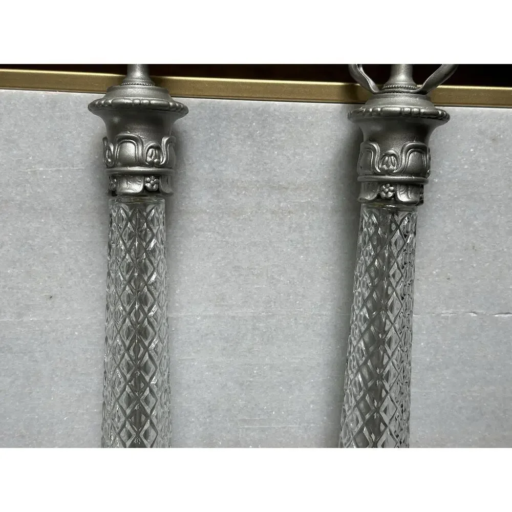 Vtg Diamond Cut Crystal Pair Lamps Brand Loevsky & Loevsky Pewter Color